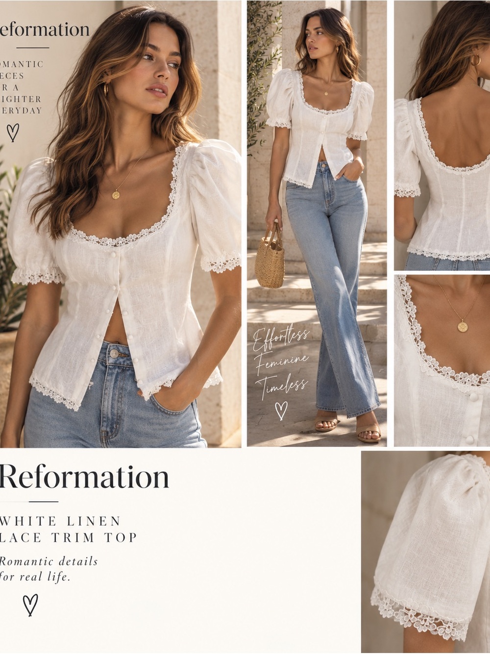 Reformation Ivory Linen Lace-Trim Puff Sleeve Button Front Blouse